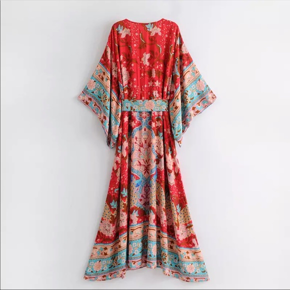 Boho Kimono Dress Floral Print Maxi Gypsy Red - Picture 5 of 12